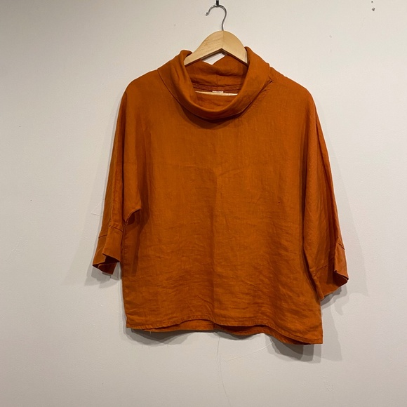 Lintico 100% Linen Orange Dropped Collar Long-Sleeve Top Size Small - Picture 2 of 6
